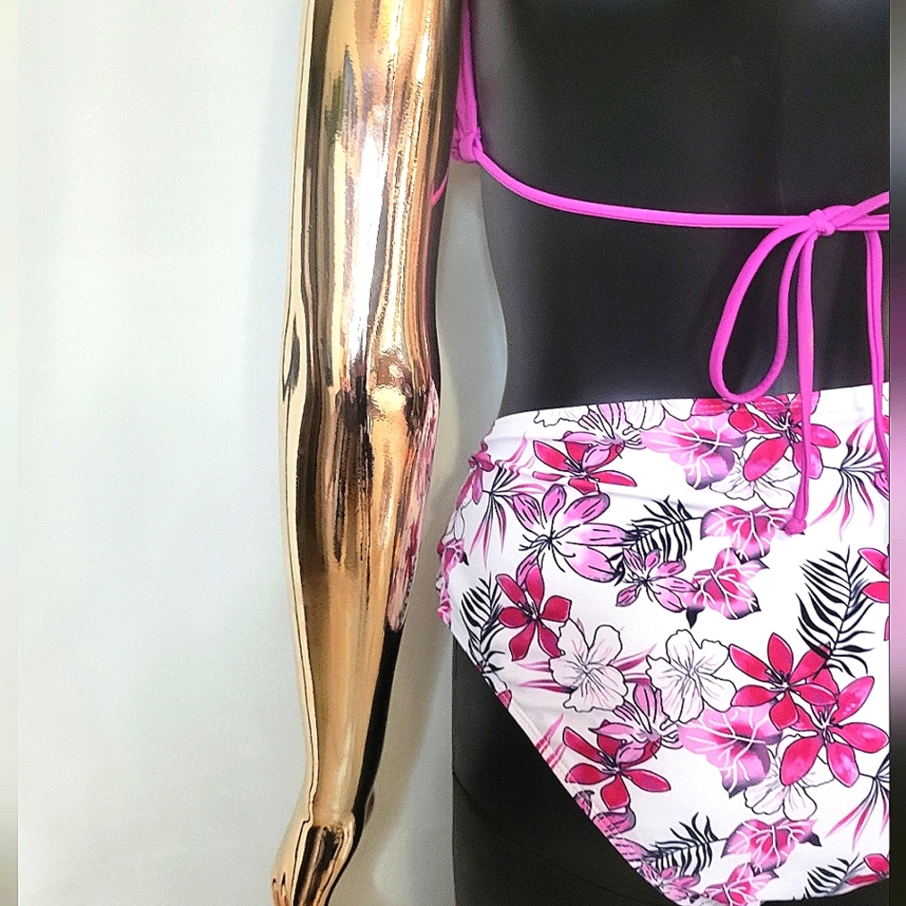 Pink Floral Bikini Set Swim Suit High Waist Ruched Design - Picture 9 of 11